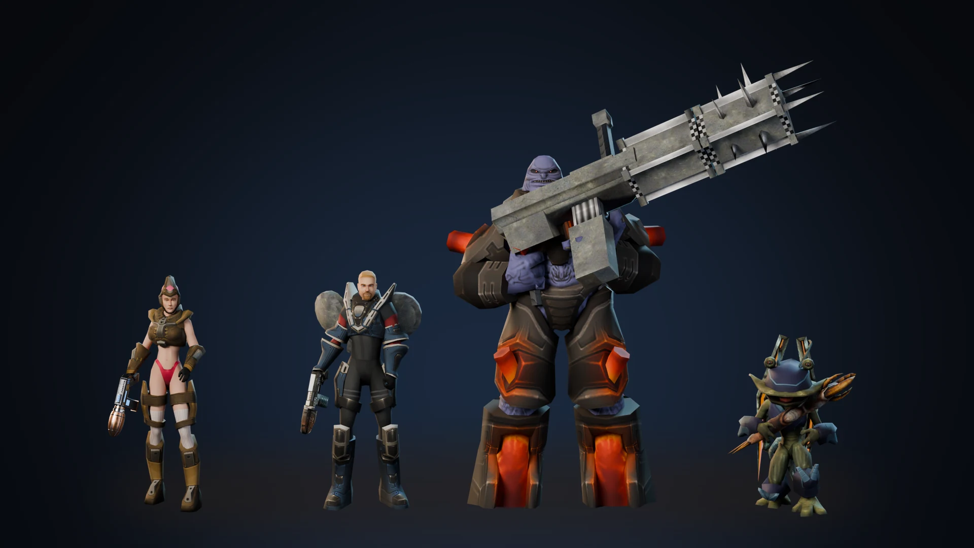 The four races in armour, each with a gun