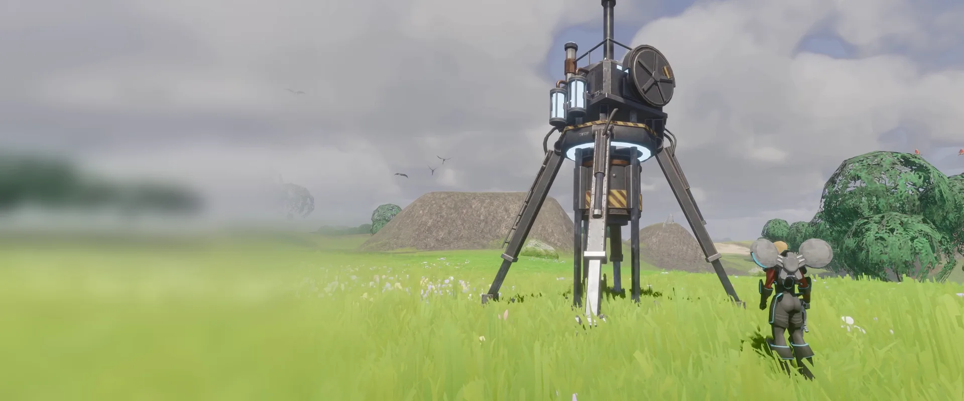 A thumper planted in a meadow, a player beside it